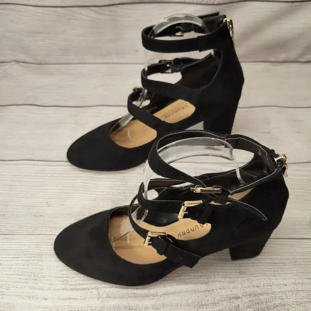 Chinese Laundry Black Suede Three Strap Mary Jane Pumps, 8.5